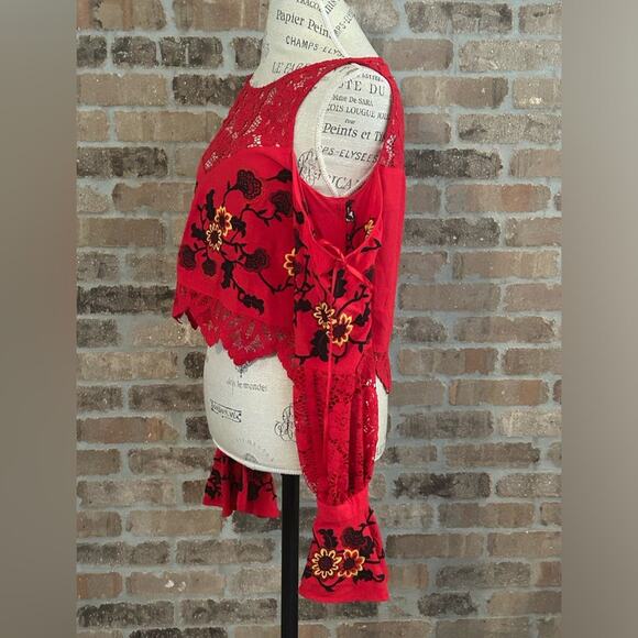 For Love & Lemons $211 Cecelia Crop Top Hot Red sunflower revolve embroidered L - Picture 5 of 10